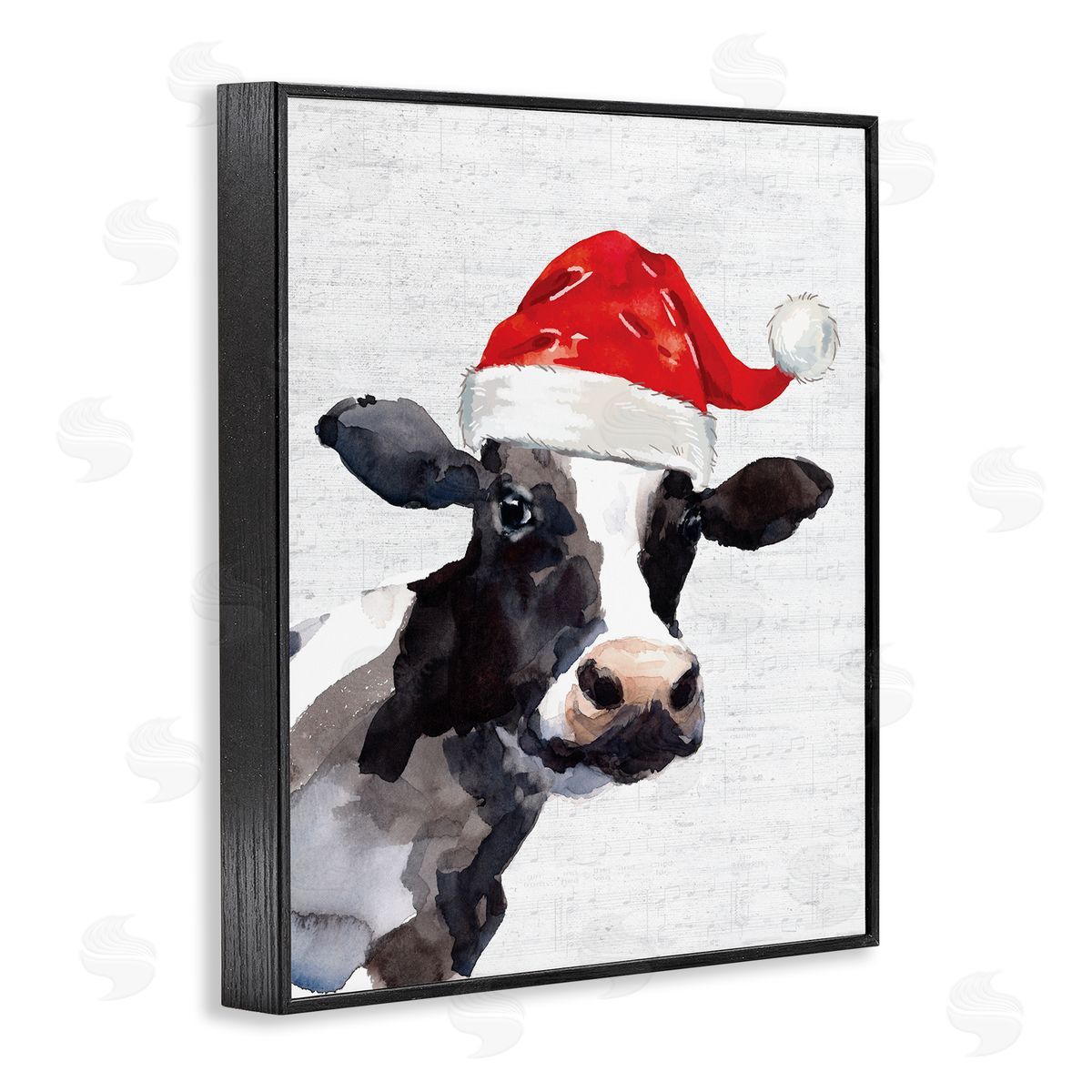 Lettered and Lined Country Cow Santa Clause Hat Black Framed Giclee Wall Art