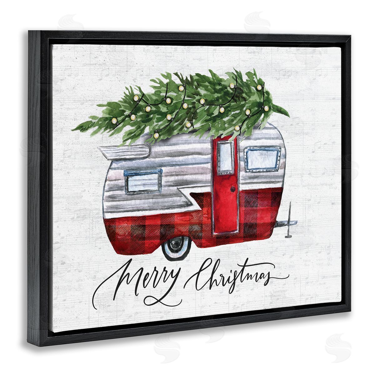 Lettered and Lined Rustic Winter Camper Merry Christmas Black Floater Frame Canvas Art