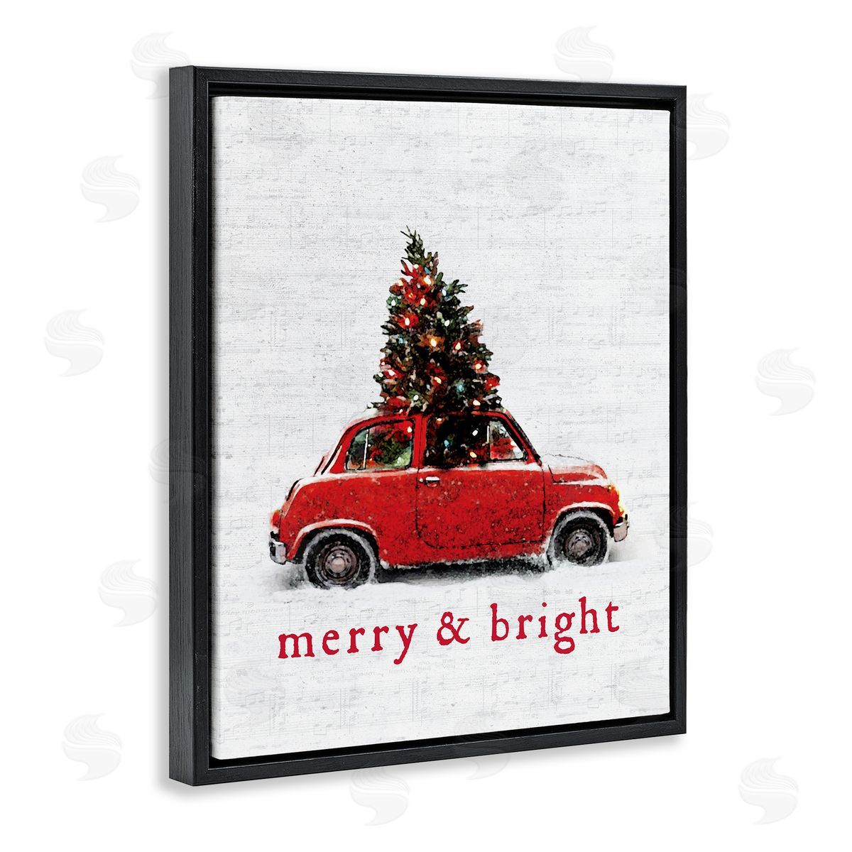 Lettered and Lined Merry and Bright Vintage Christmas Car  Black Floater Frame Canvas Art