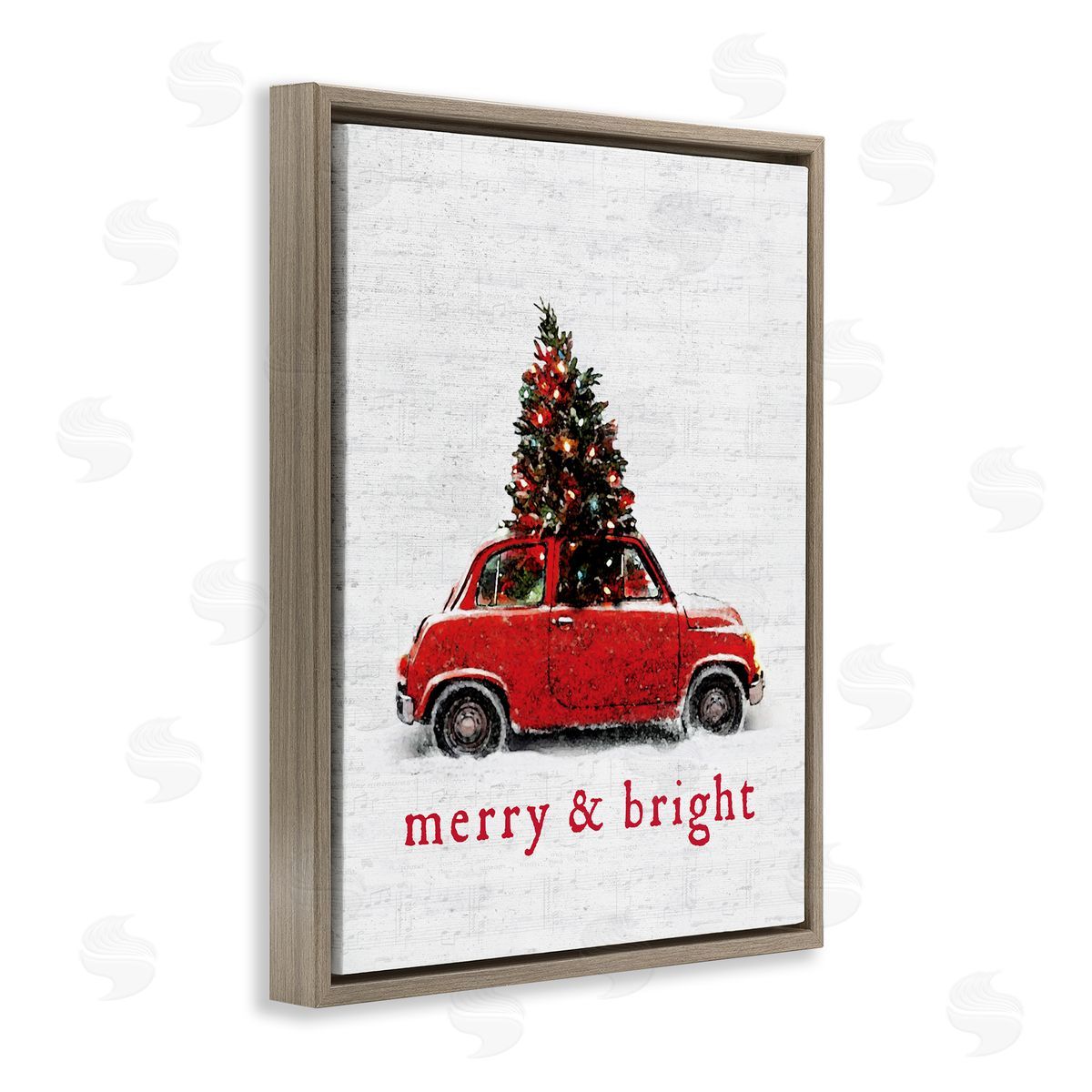 Lettered and Lined Merry and Bright Vintage Christmas Car  Brown Floater Frame Canvas Art