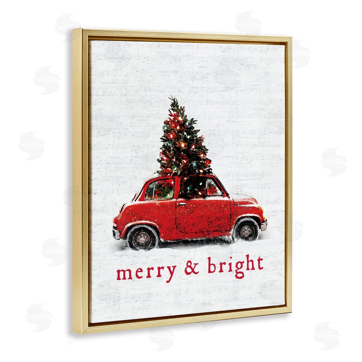Lettered and Lined Merry and Bright Vintage Christmas Car  Gold Floater Frame Canvas Art