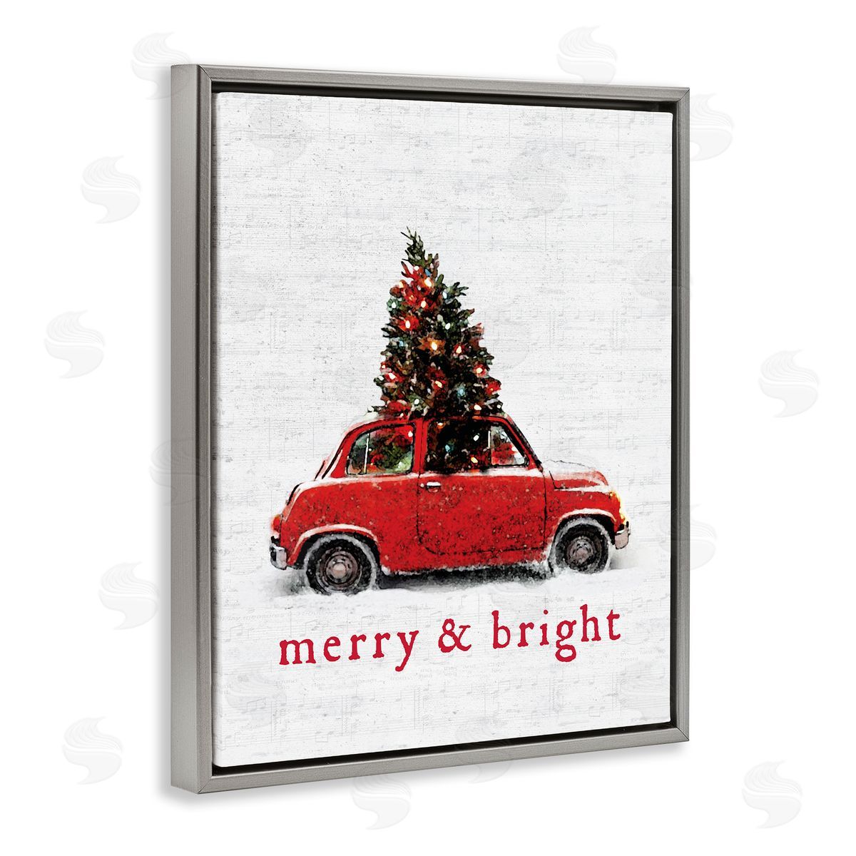 Lettered and Lined Merry and Bright Vintage Christmas Car  Gray Floater Frame Canvas Art
