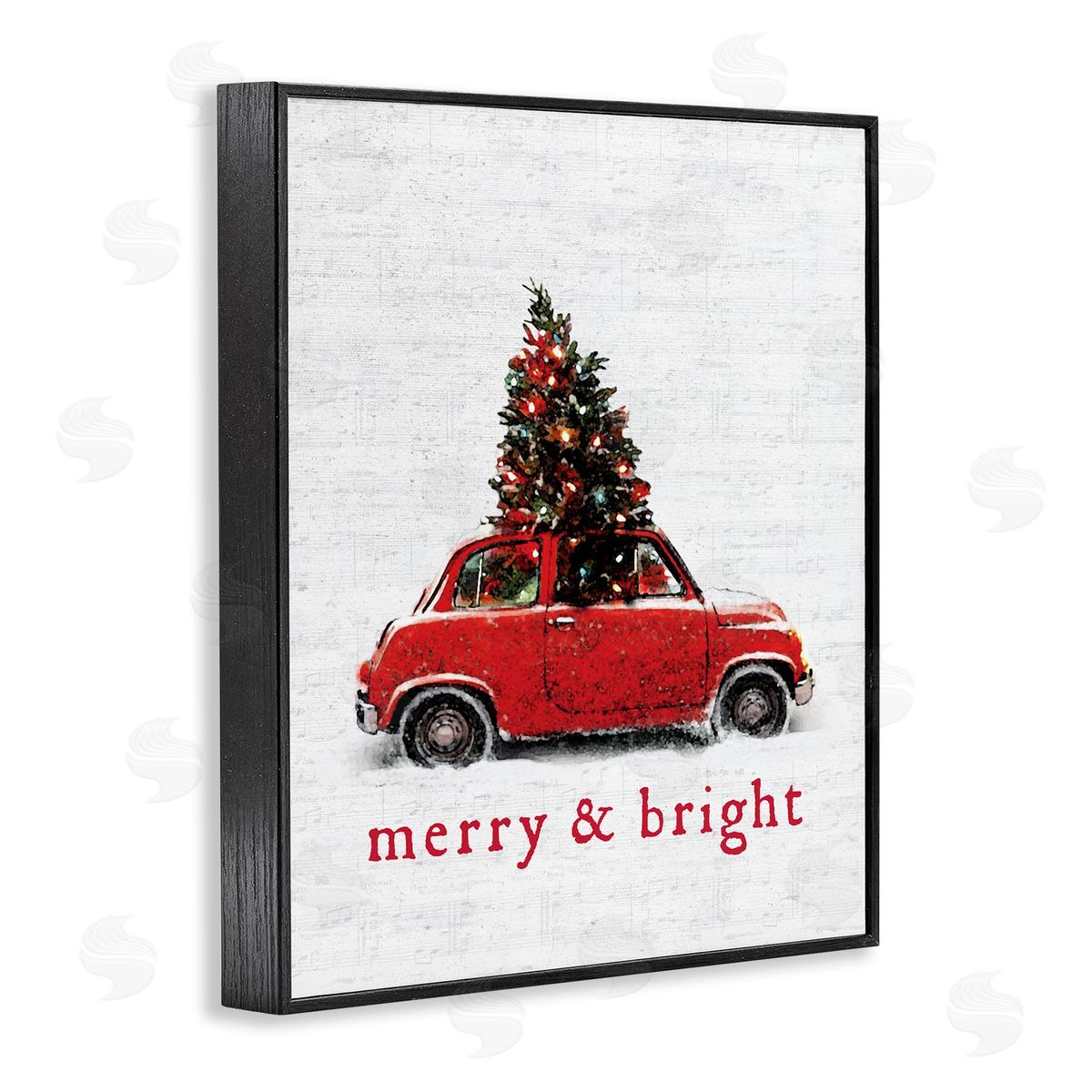 Lettered and Lined Merry and Bright Vintage Christmas Car  Black Framed Giclee Wall Art
