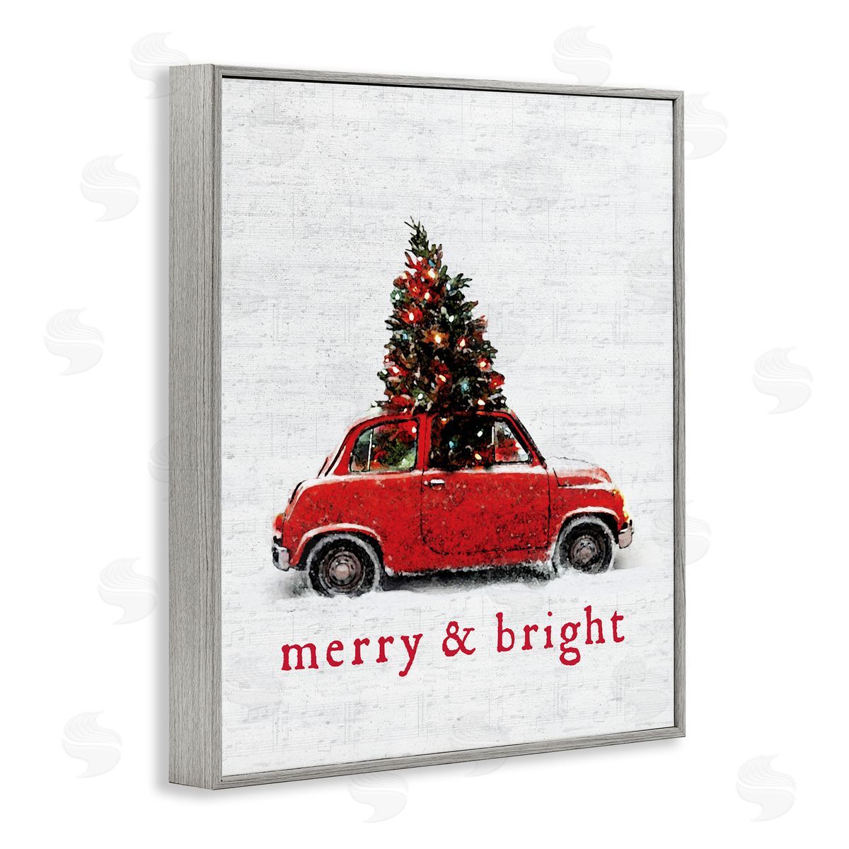 Lettered and Lined Merry and Bright Vintage Christmas Car  Gray Framed Giclee Wall Art
