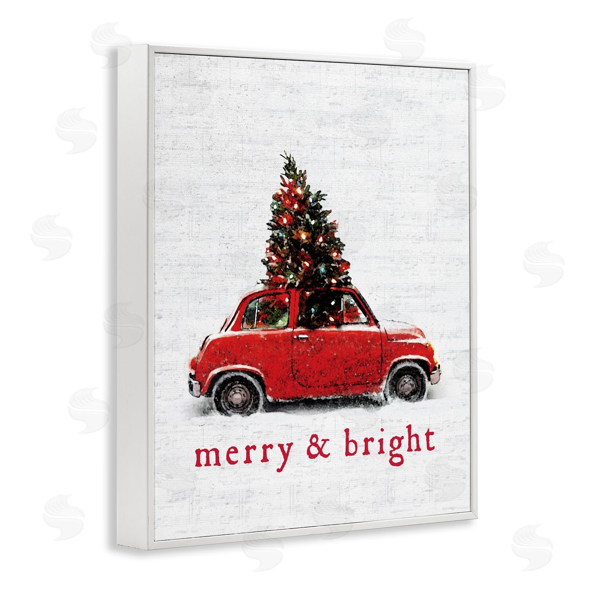 Lettered and Lined Merry and Bright Vintage Christmas Car  White Framed Giclee Wall Art