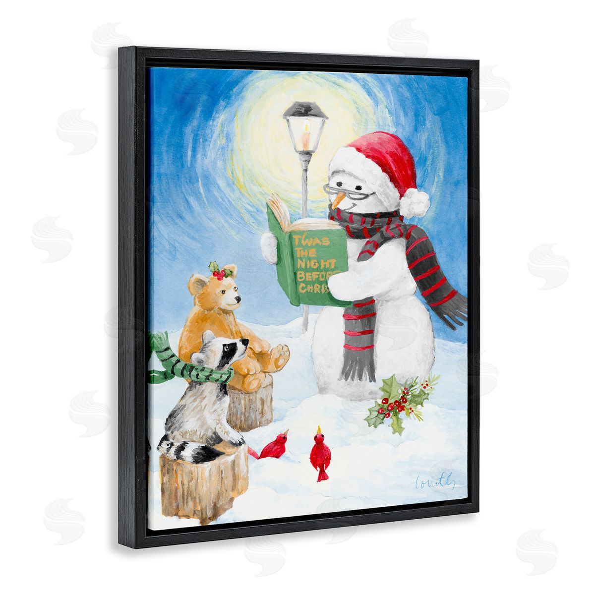 Lanie Loreth Christmas Snowman Reading Winter Holiday Animals Black Floater Frame Canvas Art