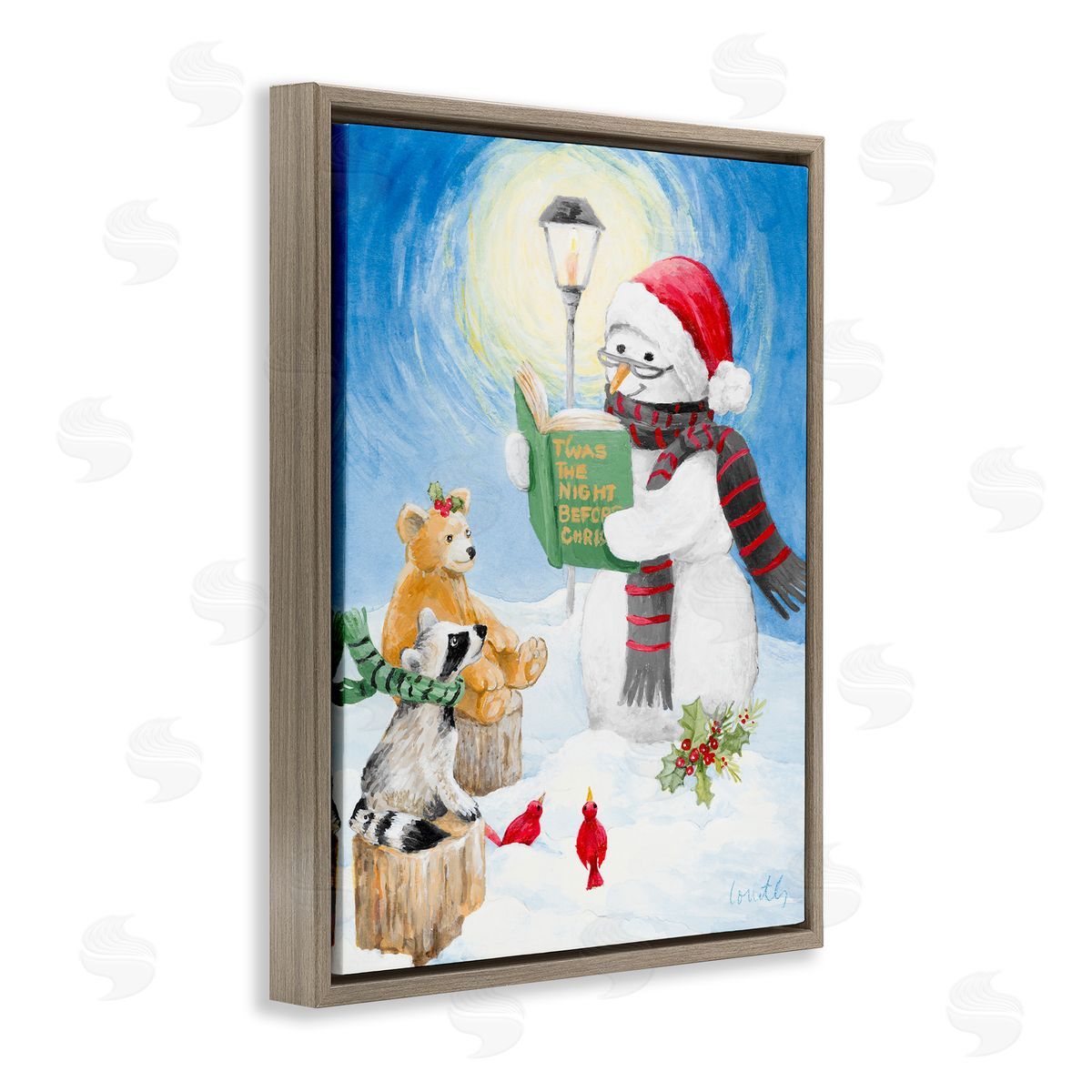 Lanie Loreth Christmas Snowman Reading Winter Holiday Animals Brown Floater Frame Canvas Art