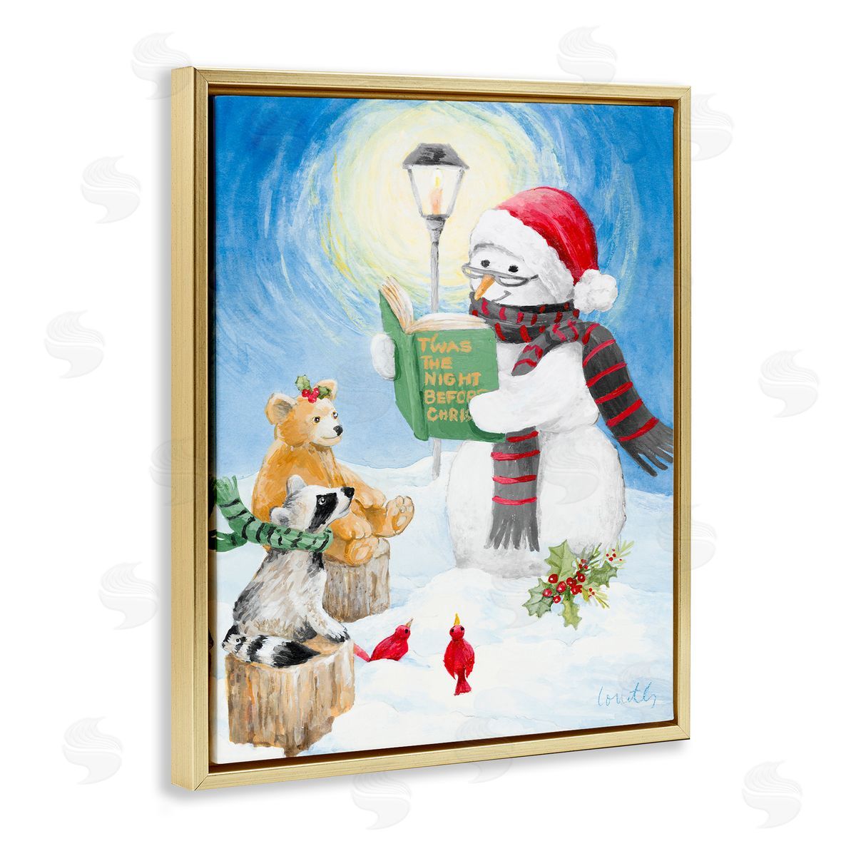 Lanie Loreth Christmas Snowman Reading Winter Holiday Animals Gold Floater Frame Canvas Art