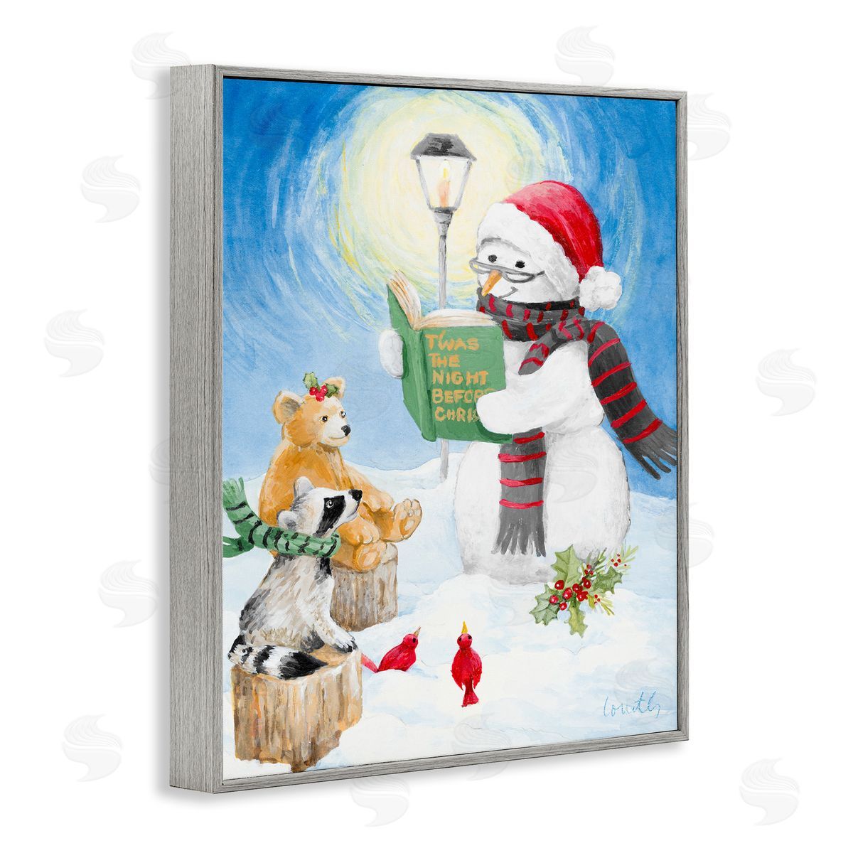 Lanie Loreth Christmas Snowman Reading Winter Holiday Animals Gray Framed Giclee Wall Art