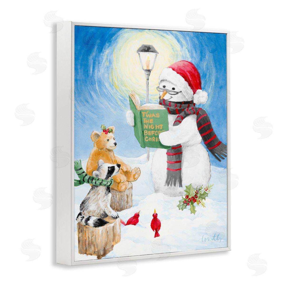 Lanie Loreth Christmas Snowman Reading Winter Holiday Animals White Framed Giclee Wall Art