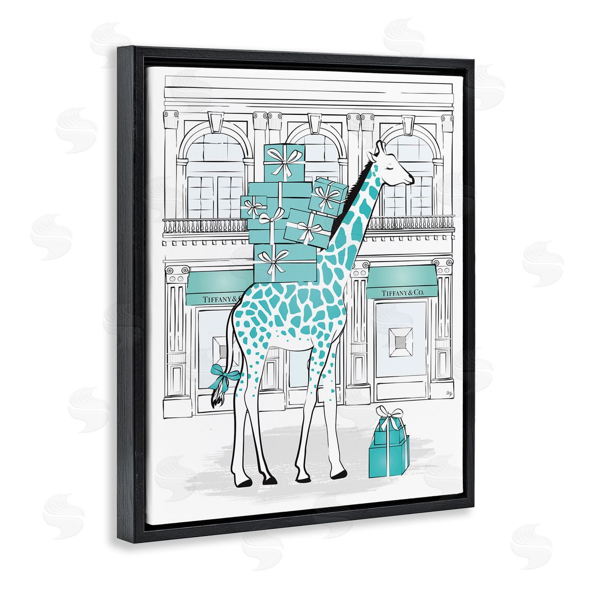 Martina Pavlova Giraffe Stacked Gift Boxes Designer Black Floater Frame Canvas Art