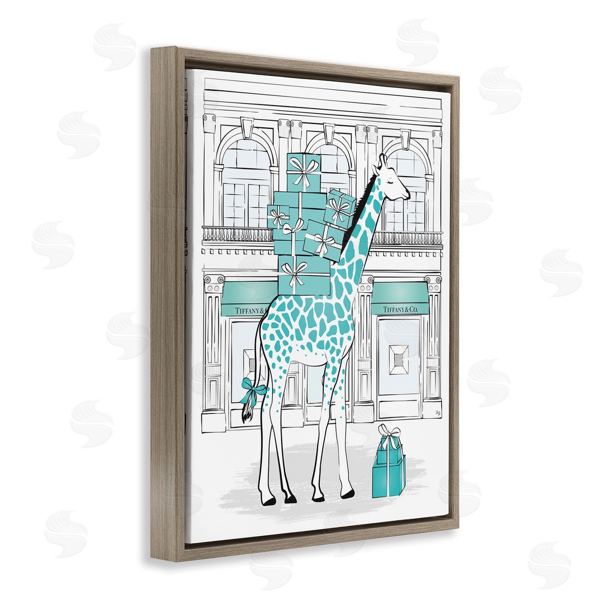Martina Pavlova Giraffe Stacked Gift Boxes Designer Brown Floater Frame Canvas Art