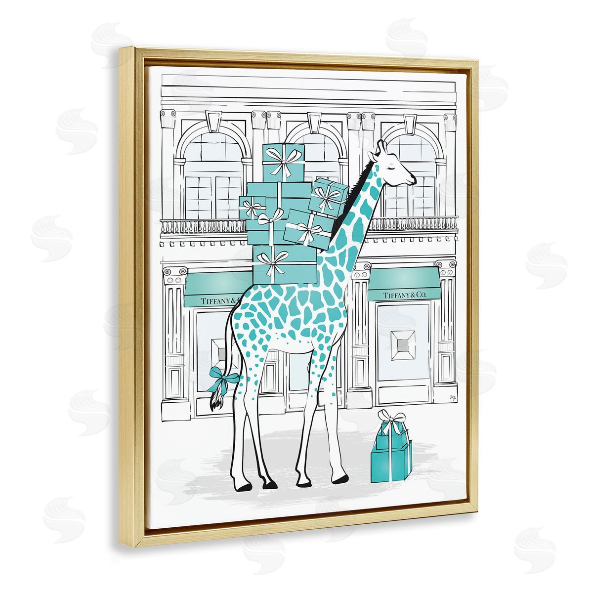 Martina Pavlova Giraffe Stacked Gift Boxes Designer Gold Floater Frame Canvas Art