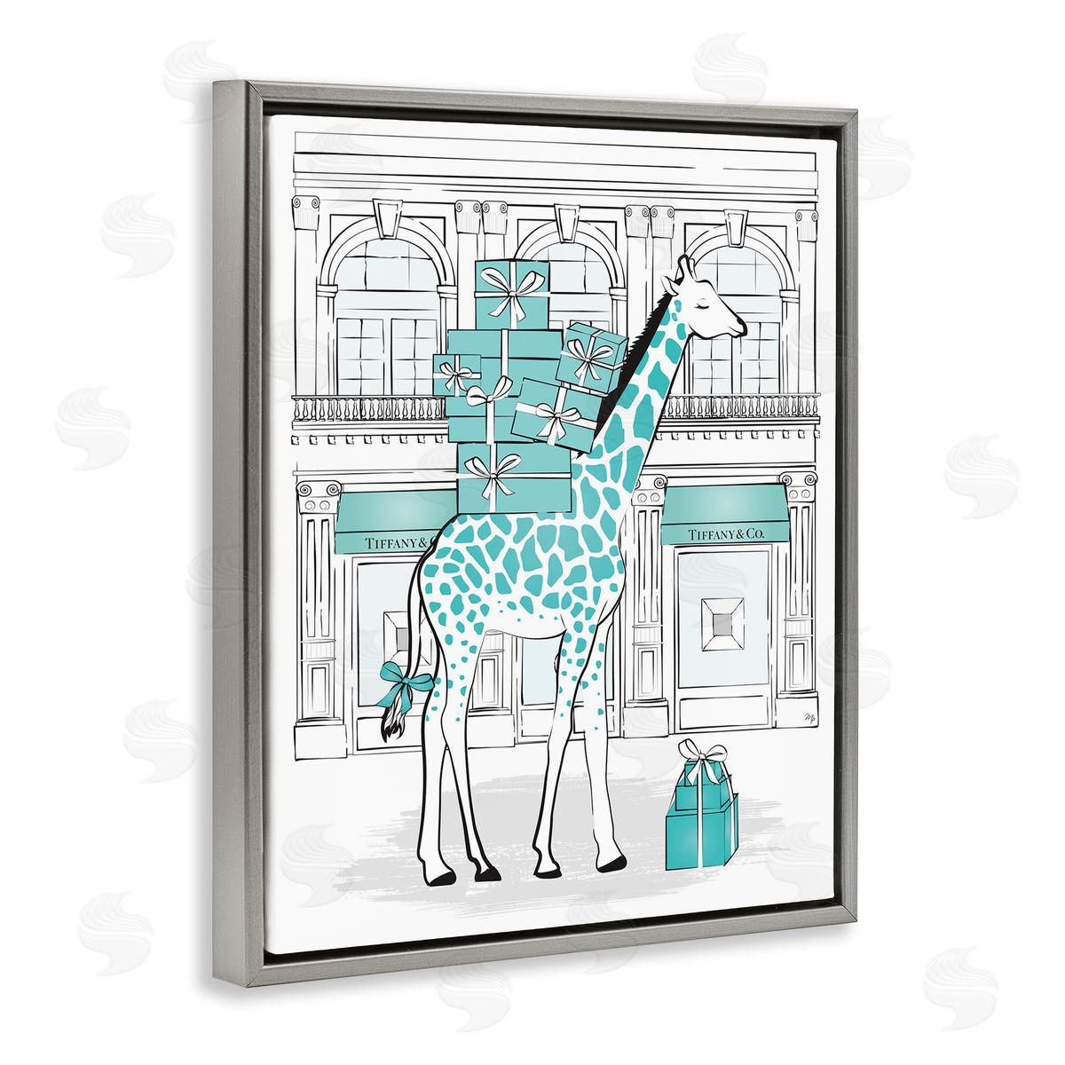 Martina Pavlova Giraffe Stacked Gift Boxes Designer Gray Floater Frame Canvas Art