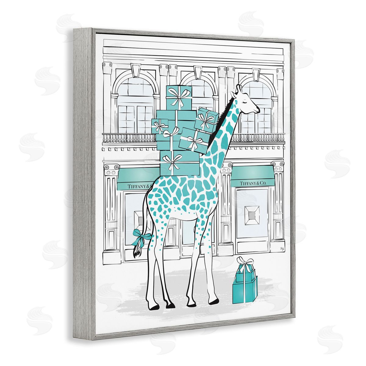 Martina Pavlova Giraffe Stacked Gift Boxes Designer Gray Framed Giclee Wall Art
