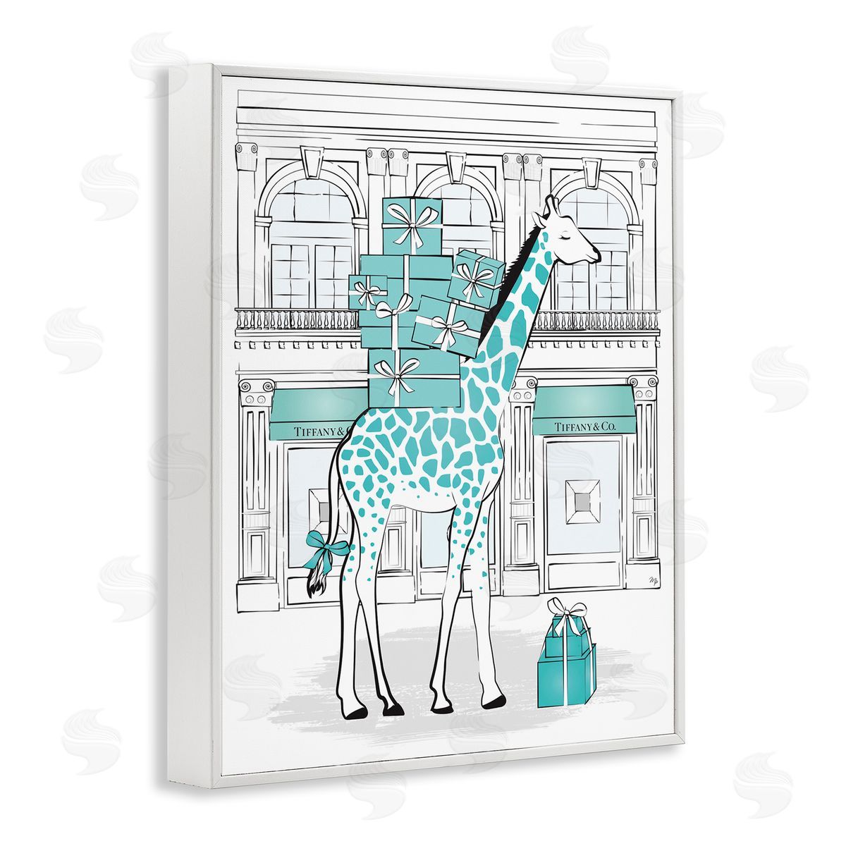 Martina Pavlova Giraffe Stacked Gift Boxes Designer White Framed Giclee Wall Art