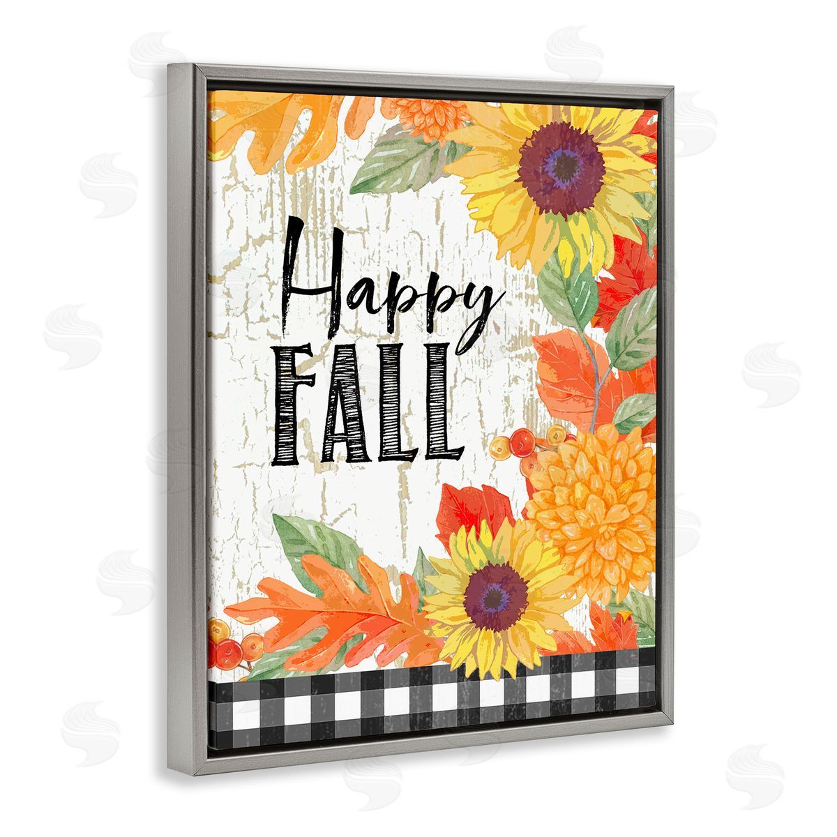 Andrea Tachiera Happy Fall Phrase Checkered Plaid Sunflower Floral Gray Floater Frame Canvas Art