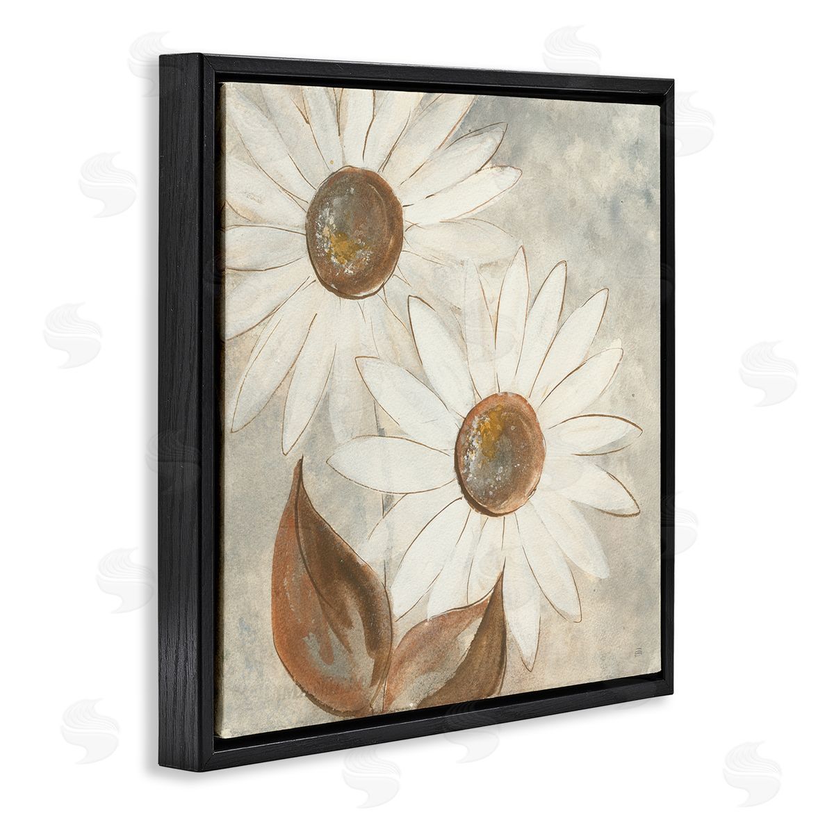 Chris Paschke White Neutral Daisy Florals Vintage Charm Black Floater Frame Canvas Art