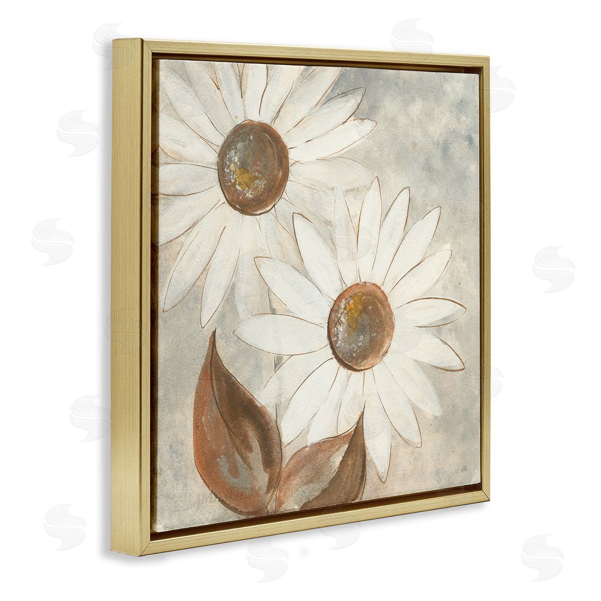 Chris Paschke White Neutral Daisy Florals Vintage Charm Gold Floater Frame Canvas Art