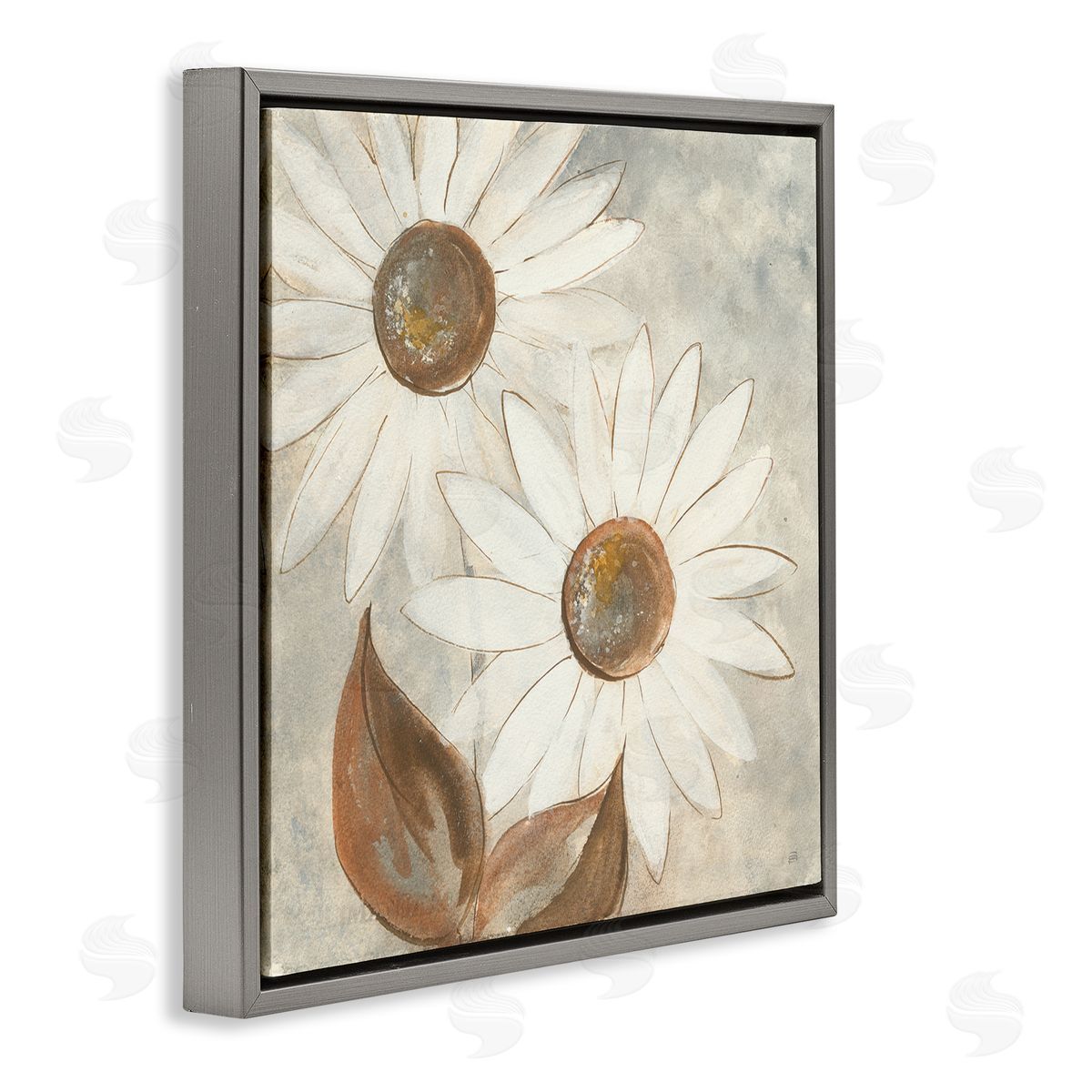 Chris Paschke White Neutral Daisy Florals Vintage Charm Gray Floater Frame Canvas Art