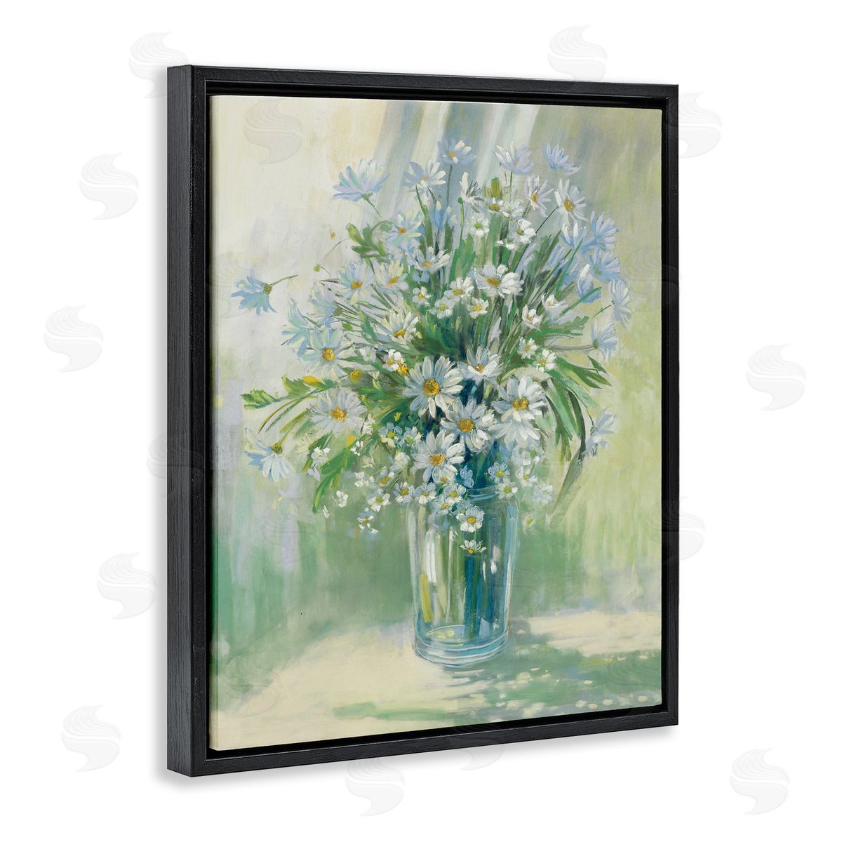 Carol Rowan Sunlit Bouquet of Daisies Blue Green Pastels Black Floater Frame Canvas Art