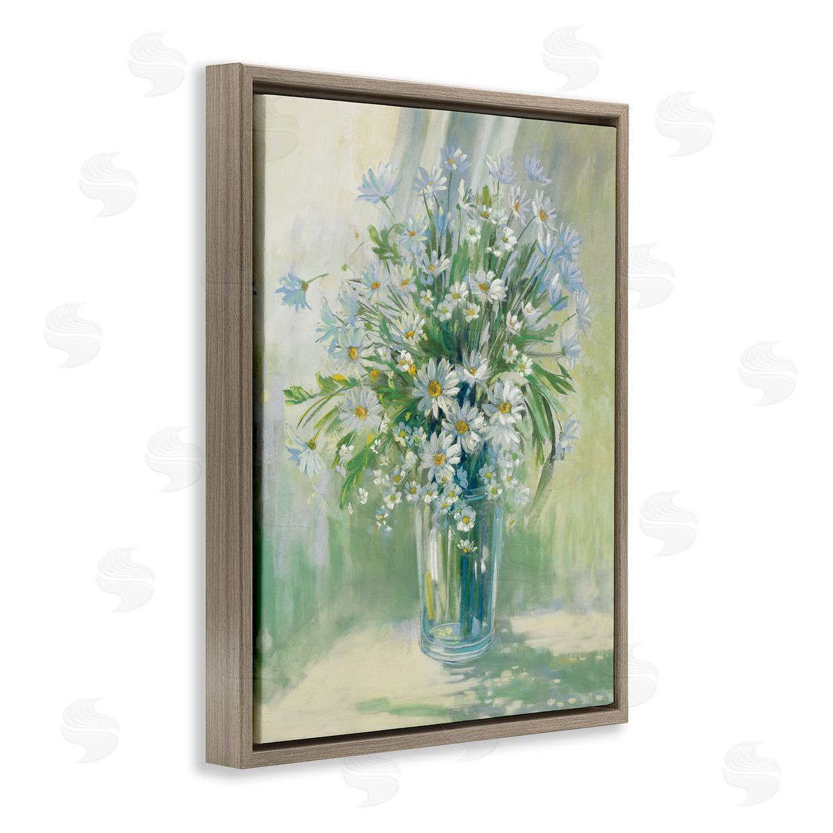 Carol Rowan Sunlit Bouquet of Daisies Blue Green Pastels Brown Floater Frame Canvas Art