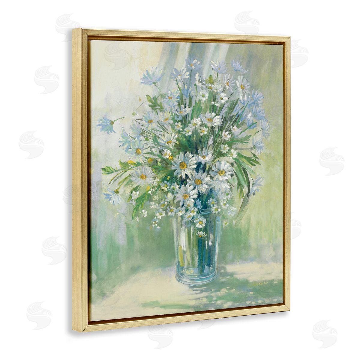 Carol Rowan Sunlit Bouquet of Daisies Blue Green Pastels Gold Floater Frame Canvas Art