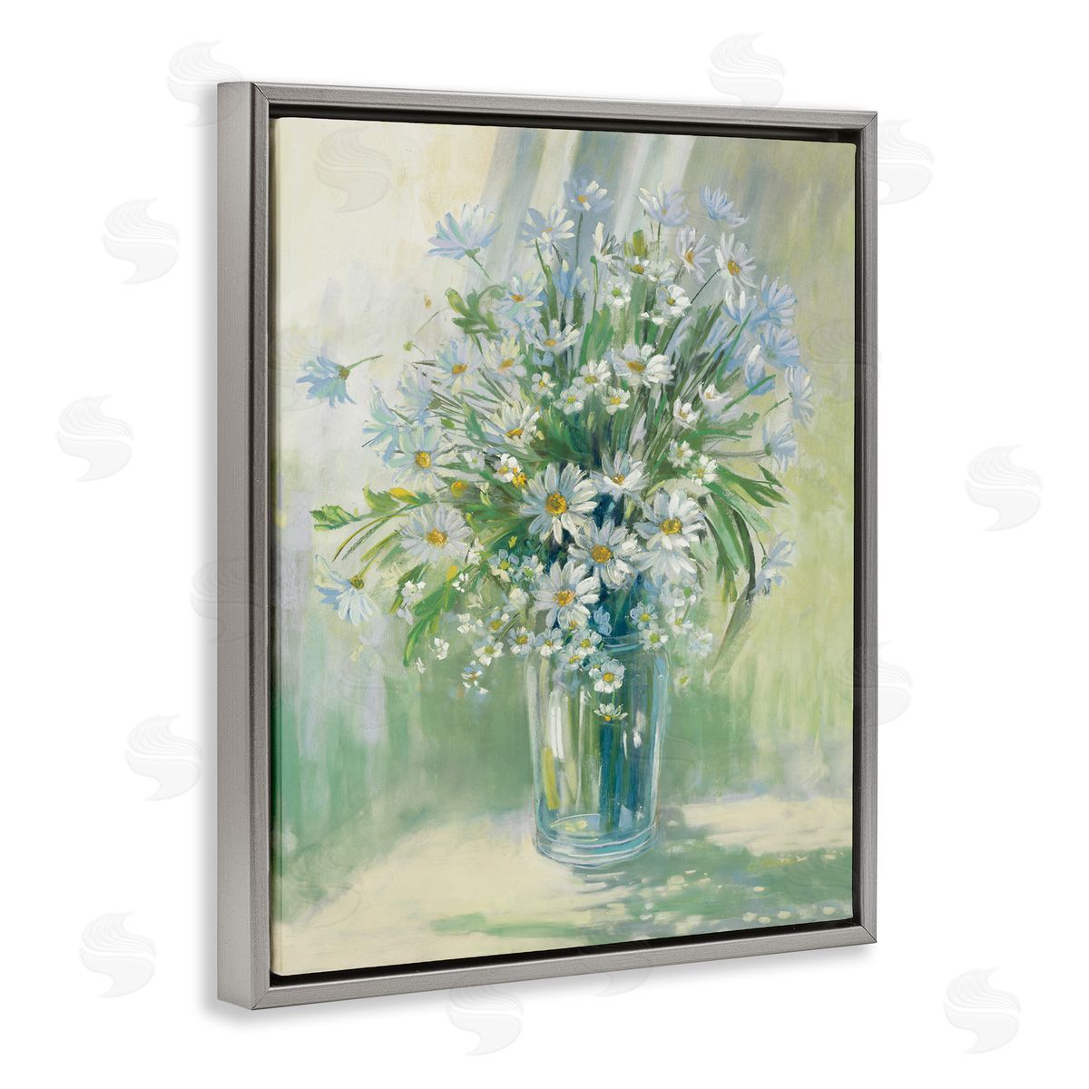 Carol Rowan Sunlit Bouquet of Daisies Blue Green Pastels Gray Floater Frame Canvas Art