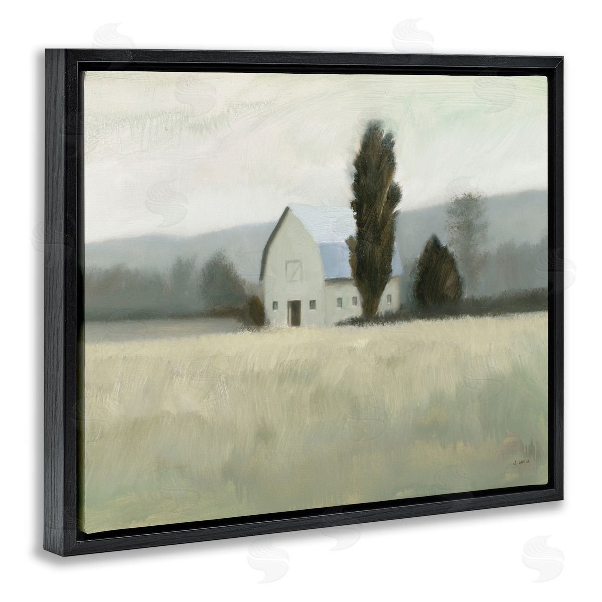 James Wiens Farmside Landscape White Barn Green Meadow Black Floater Frame Canvas Art