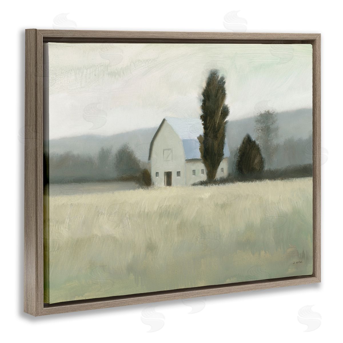 James Wiens Farmside Landscape White Barn Green Meadow Brown Floater Frame Canvas Art