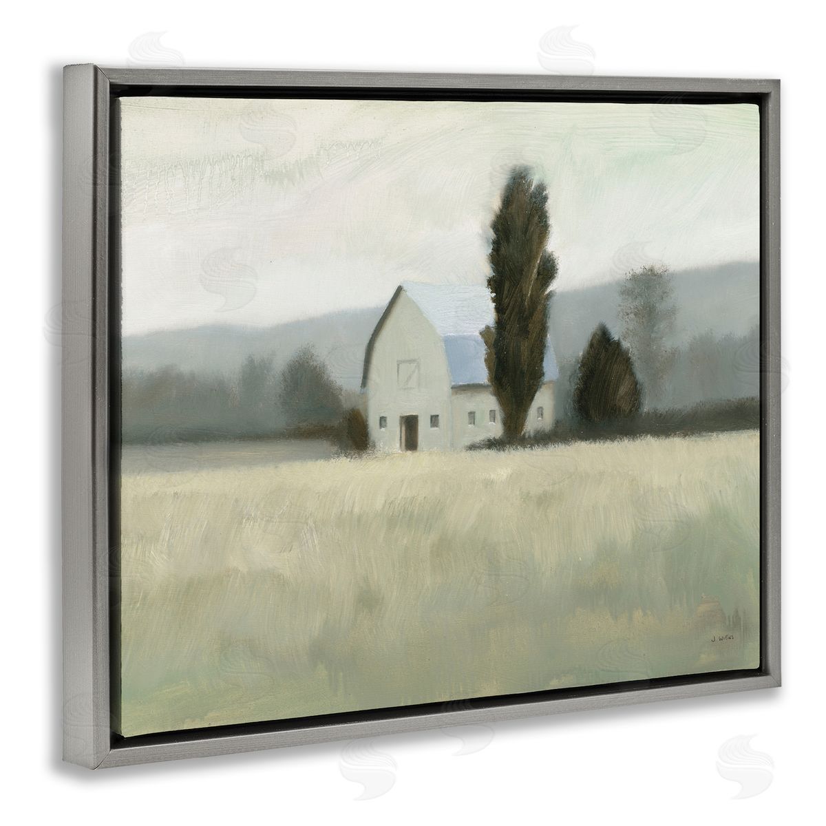 James Wiens Farmside Landscape White Barn Green Meadow Gray Floater Frame Canvas Art