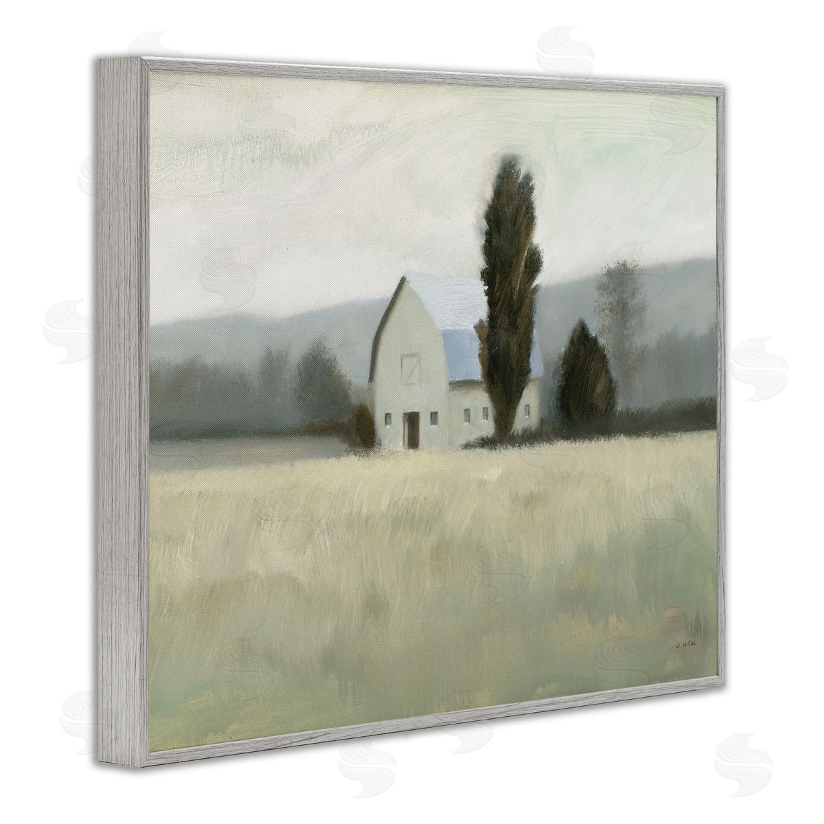 James Wiens Farmside Landscape White Barn Green Meadow Gray Framed Giclee Wall Art