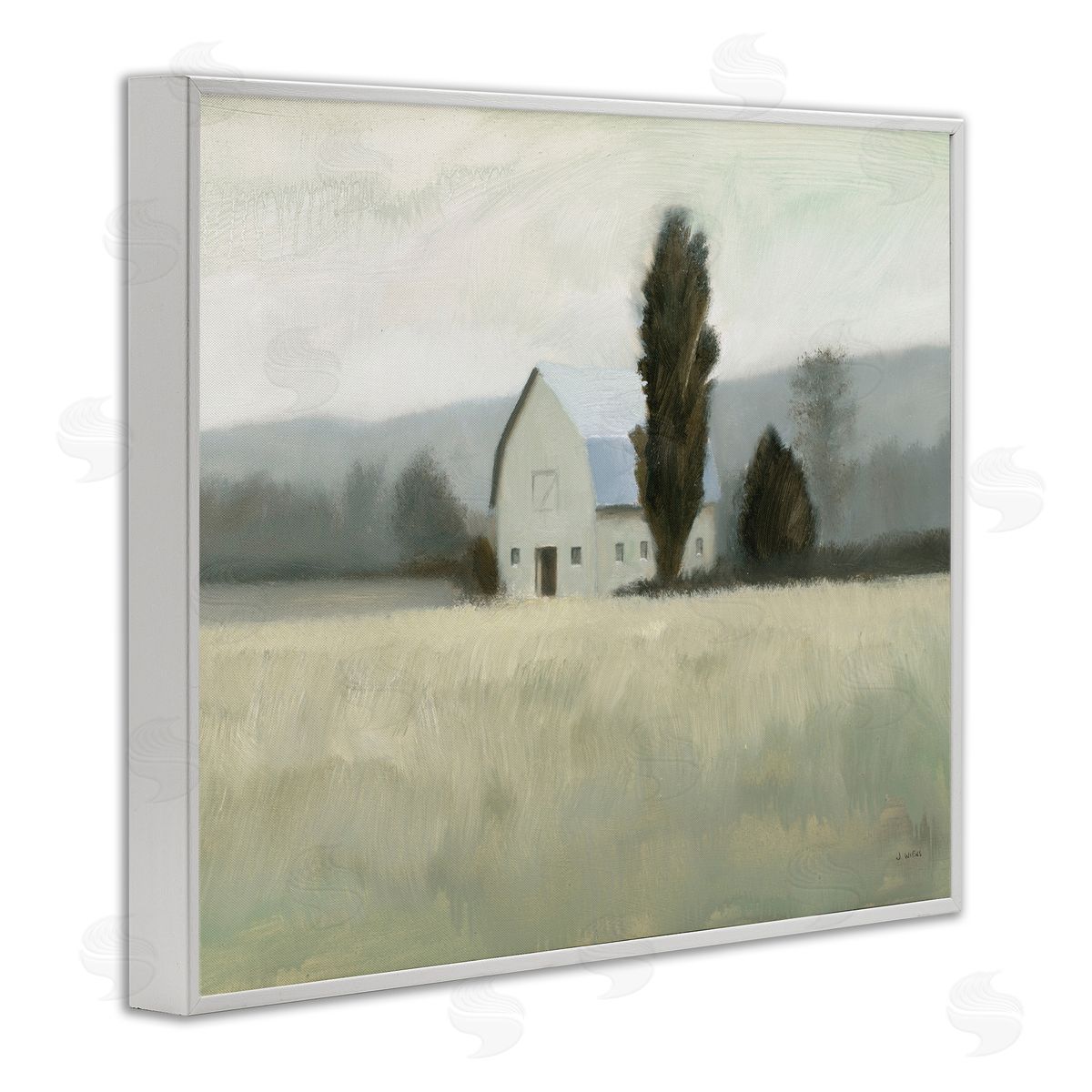 James Wiens Farmside Landscape White Barn Green Meadow White Framed Giclee Wall Art