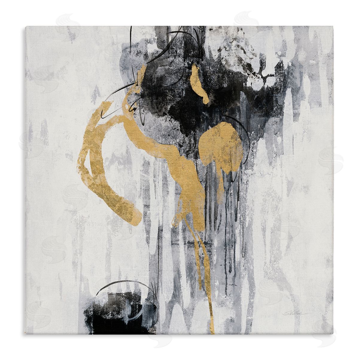 Silvia Vassileva Abstract Gold Black Rain Modern Distressed Design Canvas Wall Art