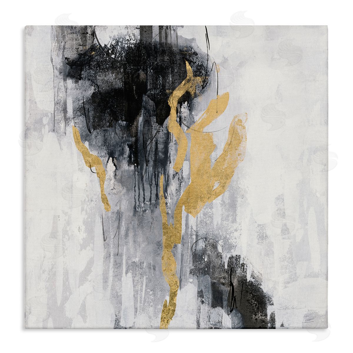 Silvia Vassileva Modern Rain Abstraction Black Gold Distressed Detail Canvas Wall Art
