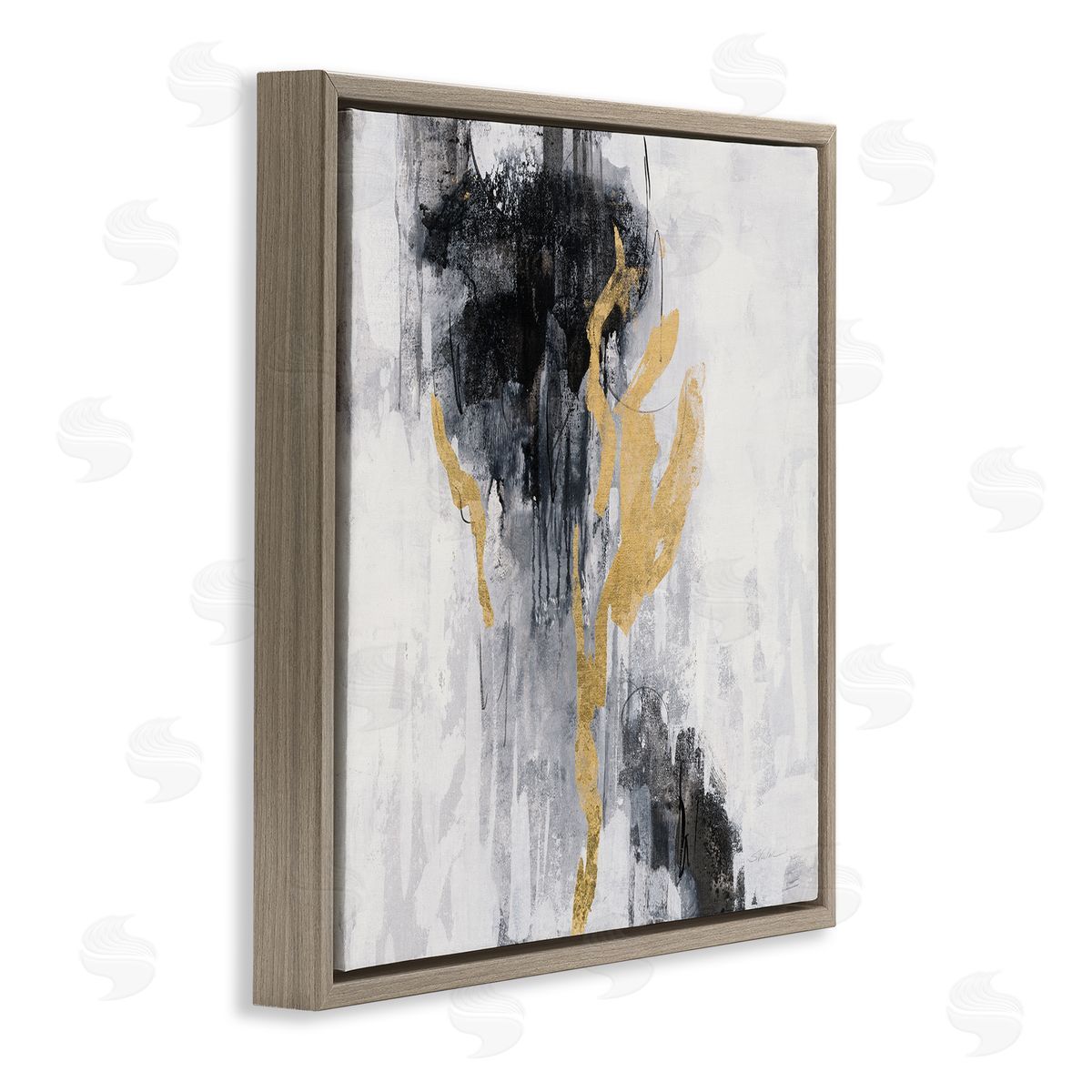 Silvia Vassileva Modern Rain Abstraction Black Gold Distressed Detail Brown Floater Frame Canvas Art