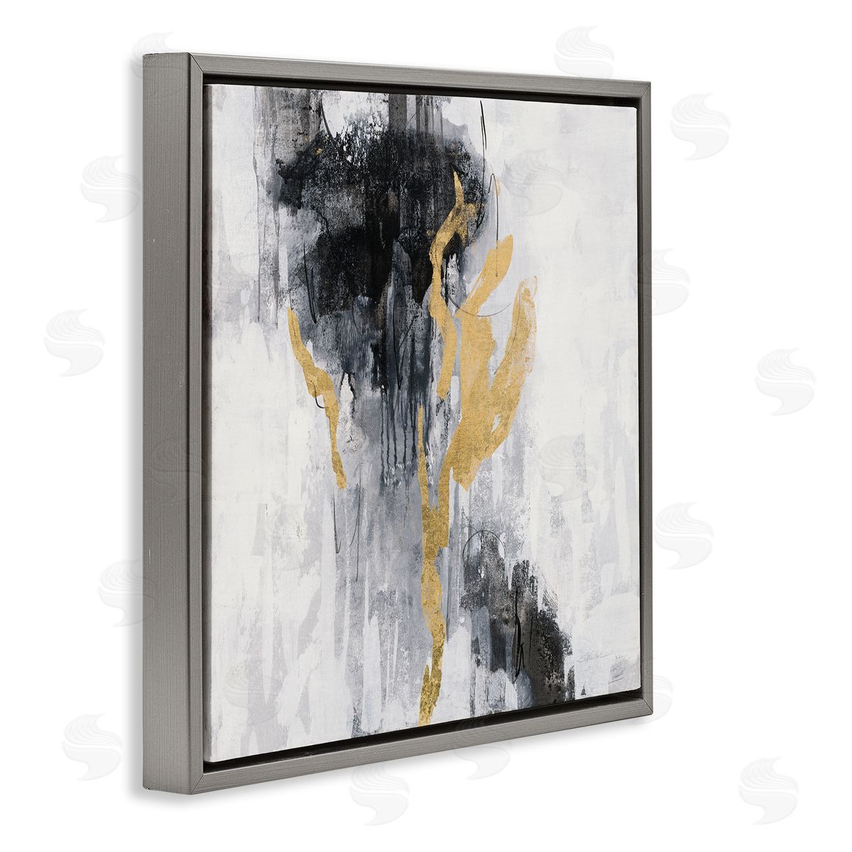 Silvia Vassileva Modern Rain Abstraction Black Gold Distressed Detail Gray Floater Frame Canvas Art
