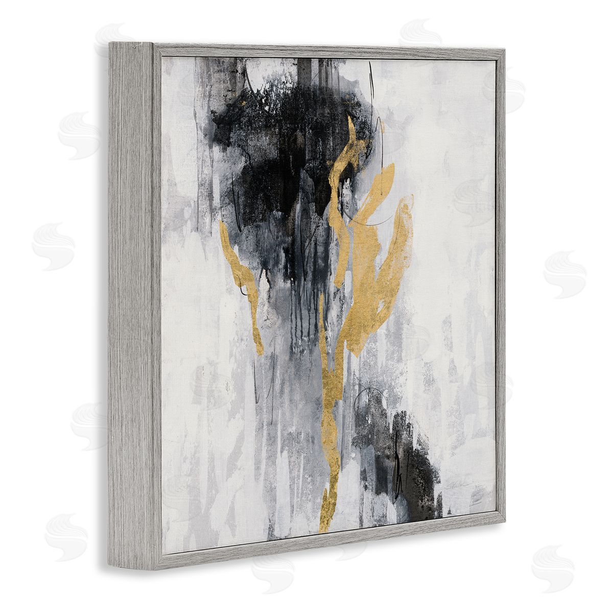 Silvia Vassileva Modern Rain Abstraction Black Gold Distressed Detail Gray Framed Giclee Wall Art