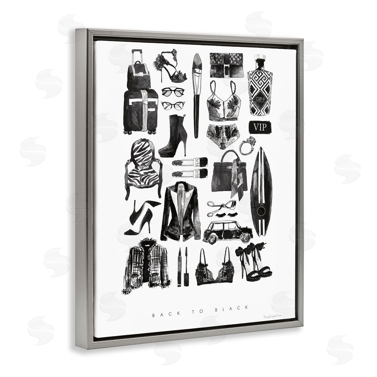 Mercedes Lopez Charro Back to Black Quote Glam Fashion Mood Board Gray Floater Frame Canvas Art