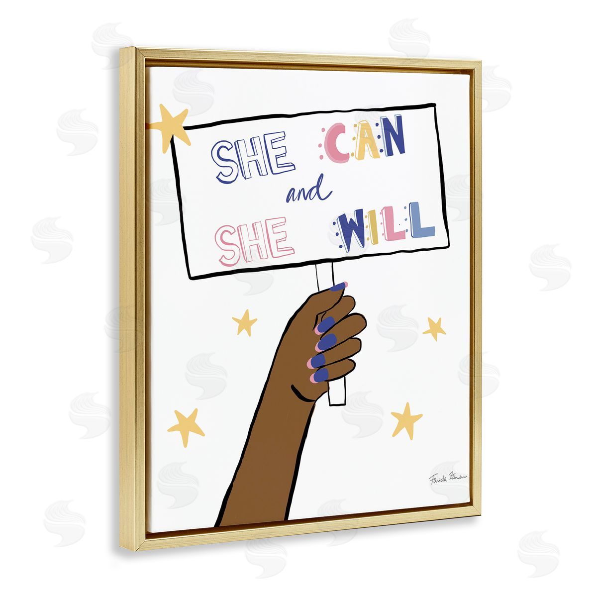 Farida Zaman She Can and Will Phrase Hand Holding Sign Gold Floater Frame Canvas Art