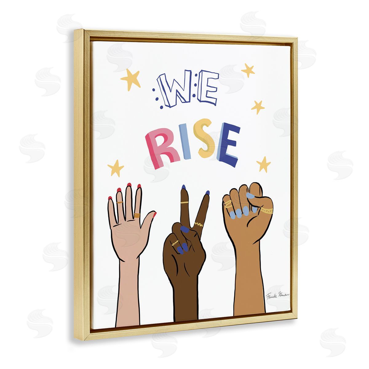 Farida Zaman We Rise Phrase Playful Text Female Hands Raised Gold Floater Frame Canvas Art