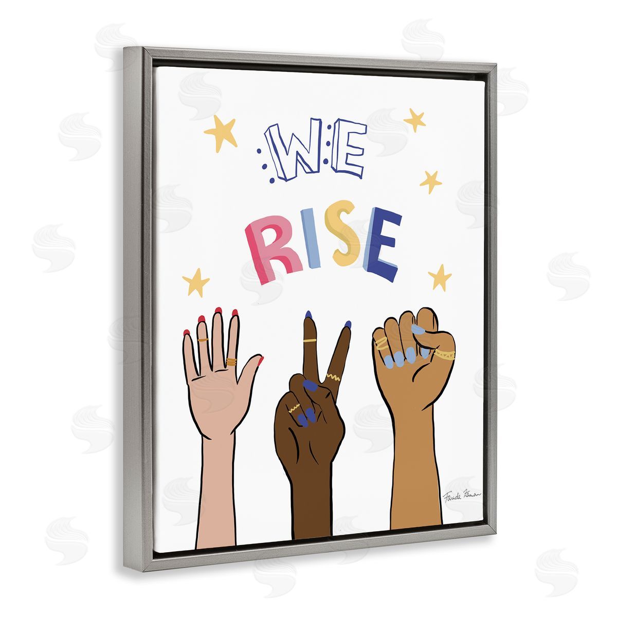 Farida Zaman We Rise Phrase Playful Text Female Hands Raised Gray Floater Frame Canvas Art