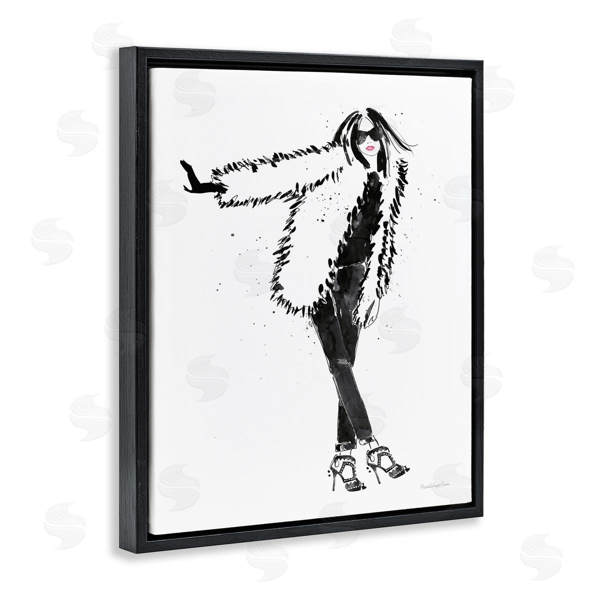 Mercedes Lopez Charro Luxurious Fashionista Sassy Glam Pose Fur Coat Black Floater Frame Canvas Art