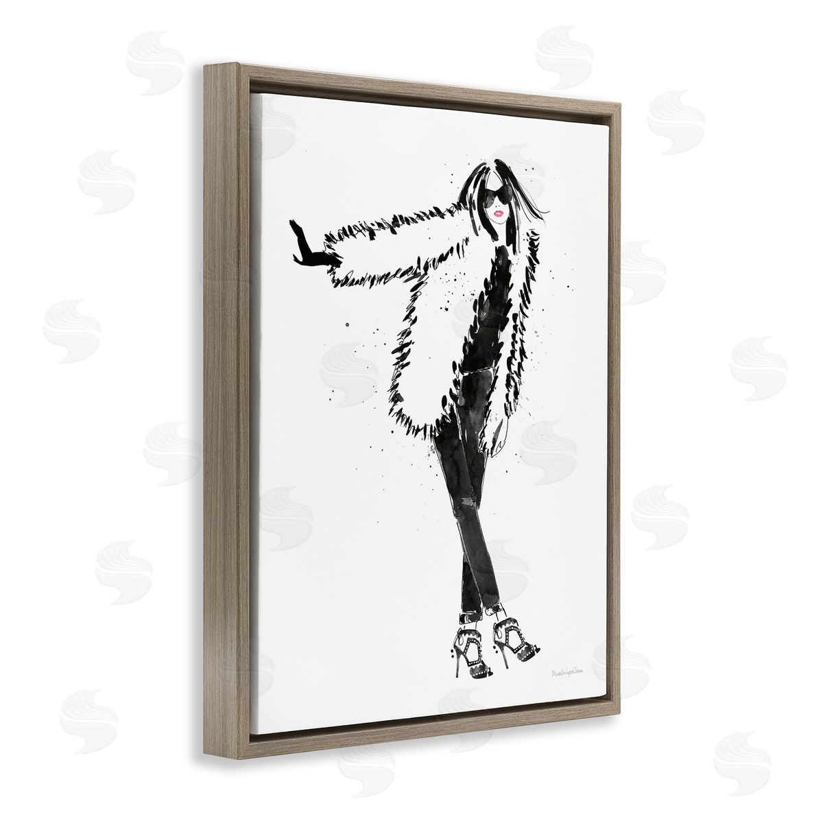 Mercedes Lopez Charro Luxurious Fashionista Sassy Glam Pose Fur Coat Brown Floater Frame Canvas Art