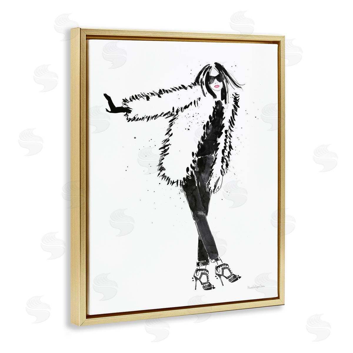 Mercedes Lopez Charro Luxurious Fashionista Sassy Glam Pose Fur Coat Gold Floater Frame Canvas Art