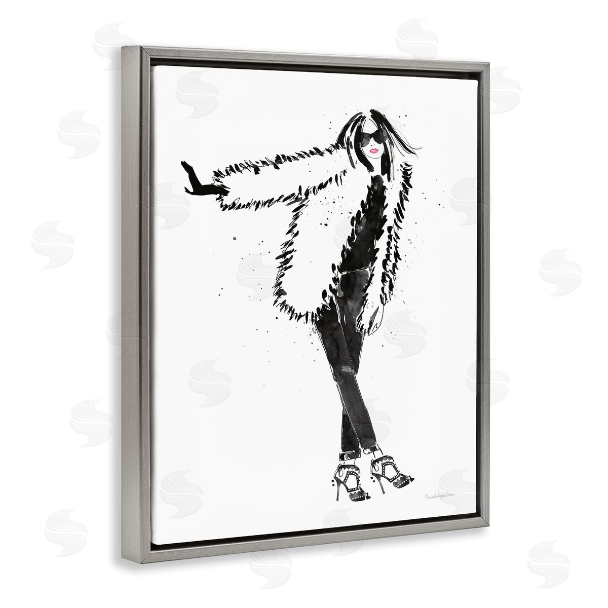Mercedes Lopez Charro Luxurious Fashionista Sassy Glam Pose Fur Coat Gray Floater Frame Canvas Art