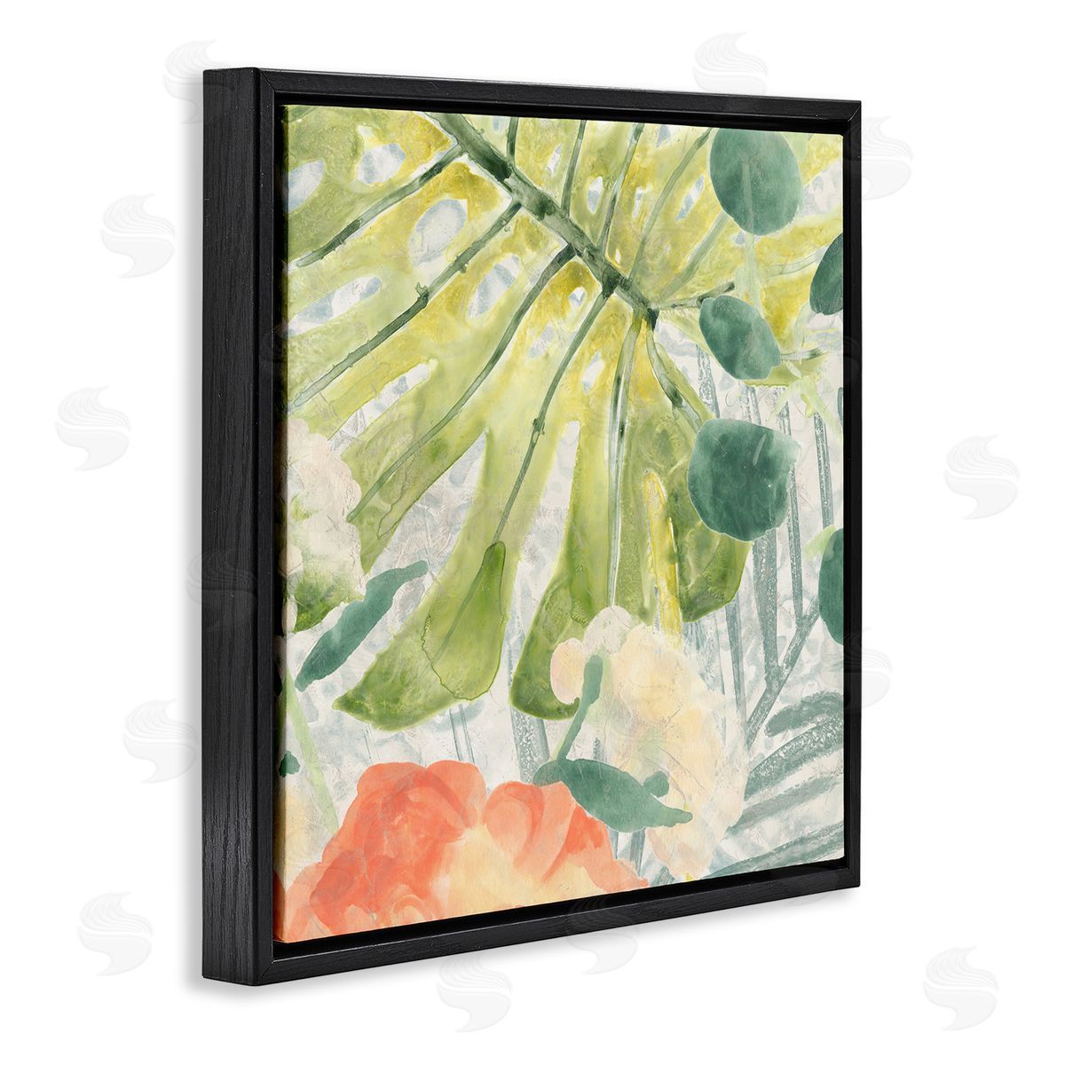 June Erica Vess Green Palm Leaves Layered Abstraction Tropical Floral Black Floater Frame Canvas Art
