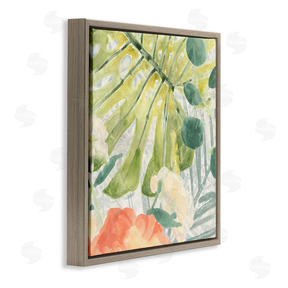 June Erica Vess Green Palm Leaves Layered Abstraction Tropical Floral Brown Floater Frame Canvas Art