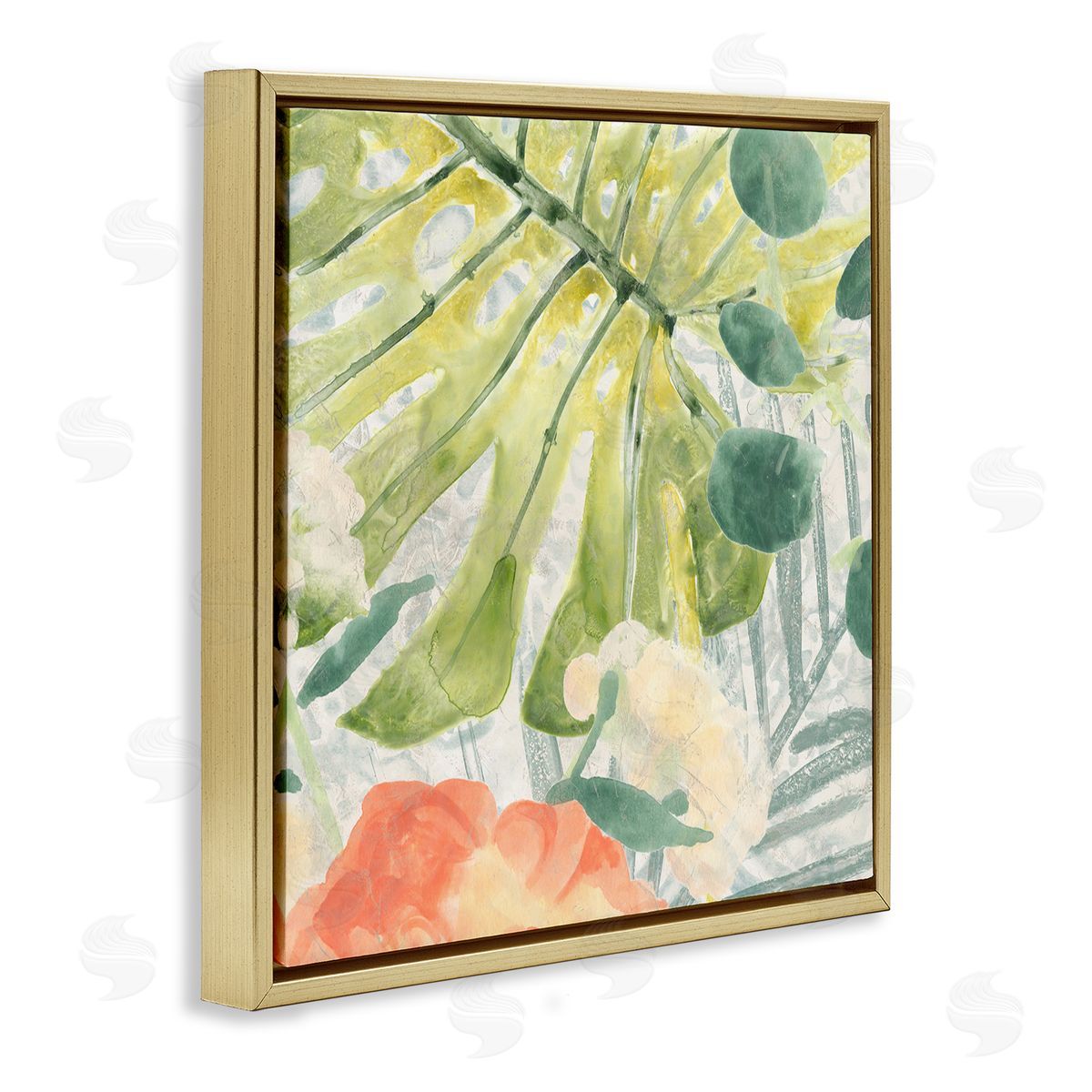 June Erica Vess Green Palm Leaves Layered Abstraction Tropical Floral Gold Floater Frame Canvas Art