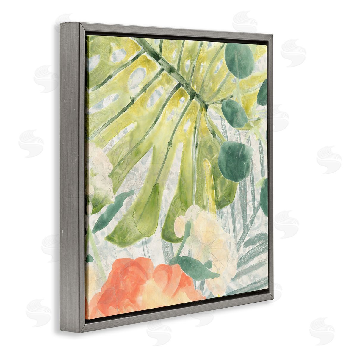 June Erica Vess Green Palm Leaves Layered Abstraction Tropical Floral Gray Floater Frame Canvas Art